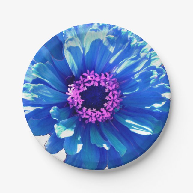 Elegant blue floral daisy zinnia dahlia paper plate (Front)