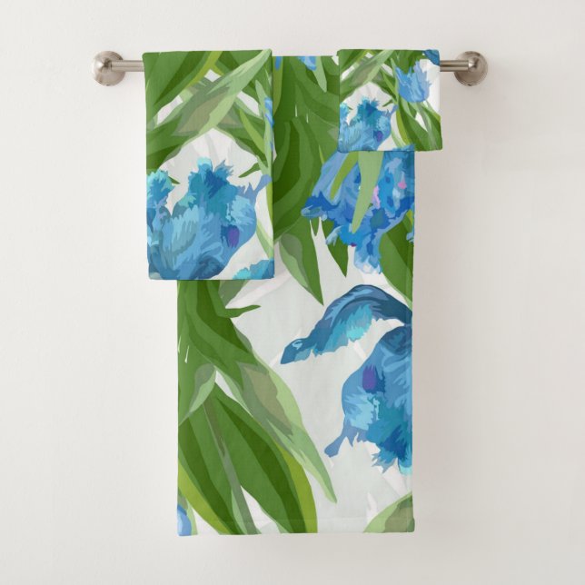 Elegant blue floral decorative eye-catching  bath towel set (Insitu)