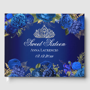 Elegant Blue Floral Diamond Tiara Sweet Sixteen Guest Book