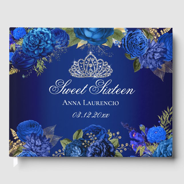 Elegant Blue Floral Diamond Tiara Sweet Sixteen Guest Book (Front)