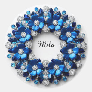 Elegant Blue Floral Diamond Wreath Classic Round Sticker