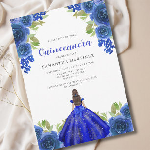 Elegant Blue Floral Dress Quinceañera Invitation