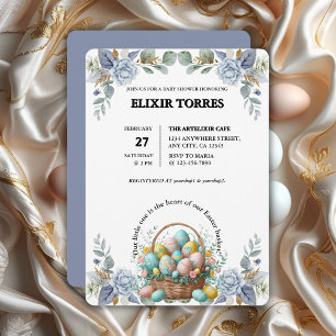 Elegant Blue Floral Easter Egg Basket Baby Shower Invitation