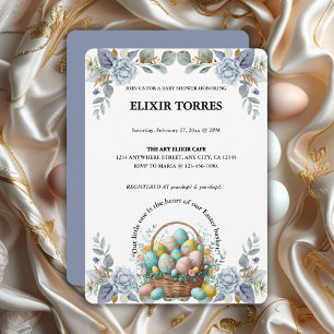Elegant Blue Floral Easter Egg Basket Baby Shower Invitation