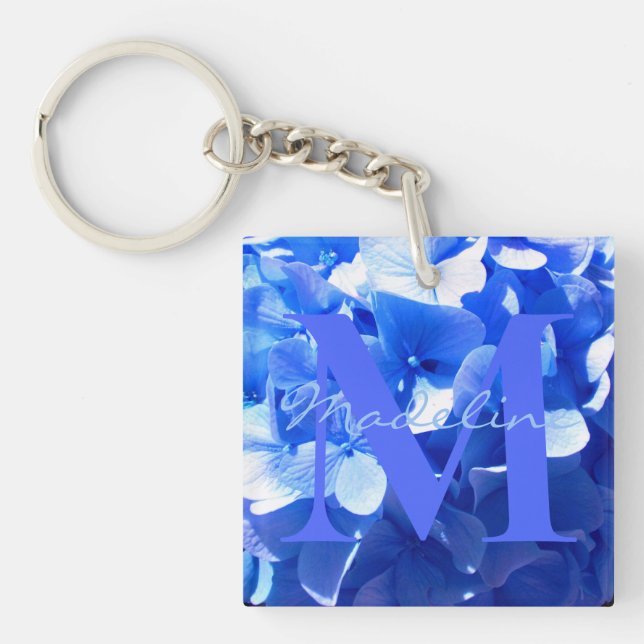 Elegant blue floral elegant blue hydrangeas  key ring (Front)