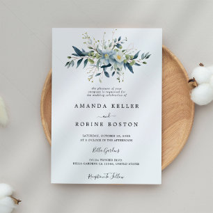 Elegant Blue Floral & Eucalyptus Wedding Invitation