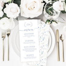 Elegant Blue Floral Fall Winter Wedding Menu Cards