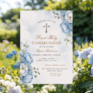 Elegant Blue Floral First Holy Communion  Invitation