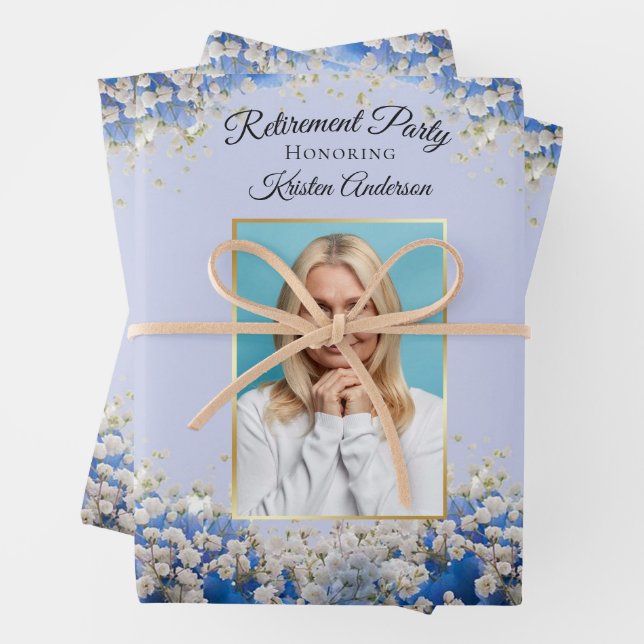 Elegant Blue Floral Floral Photo Retirement Party Wrapping Paper Sheet (In situ)