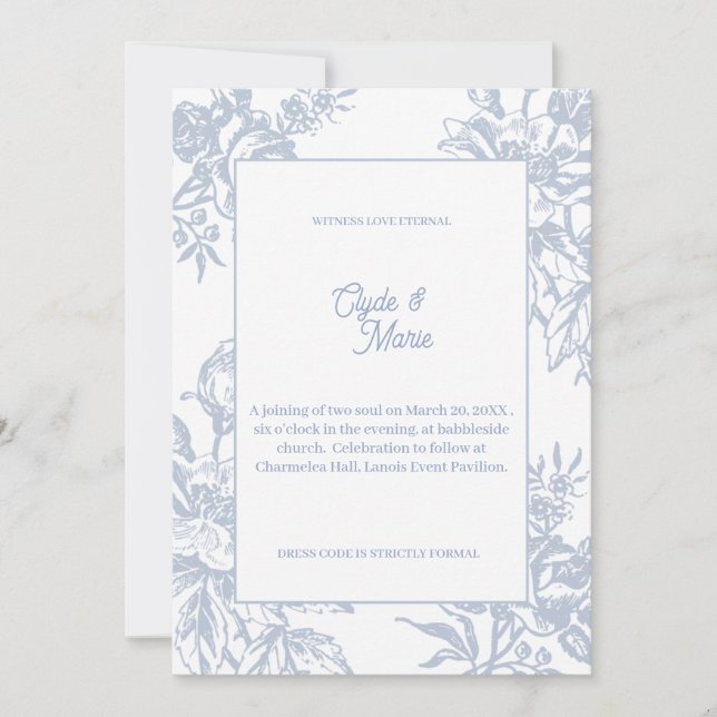 Elegant Blue Floral Formal Wedding Invitation |  (Front)