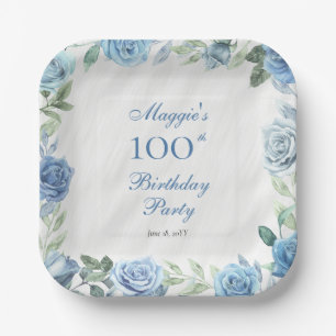 Elegant Blue Floral Frame 100th Birthday Party Paper Plate