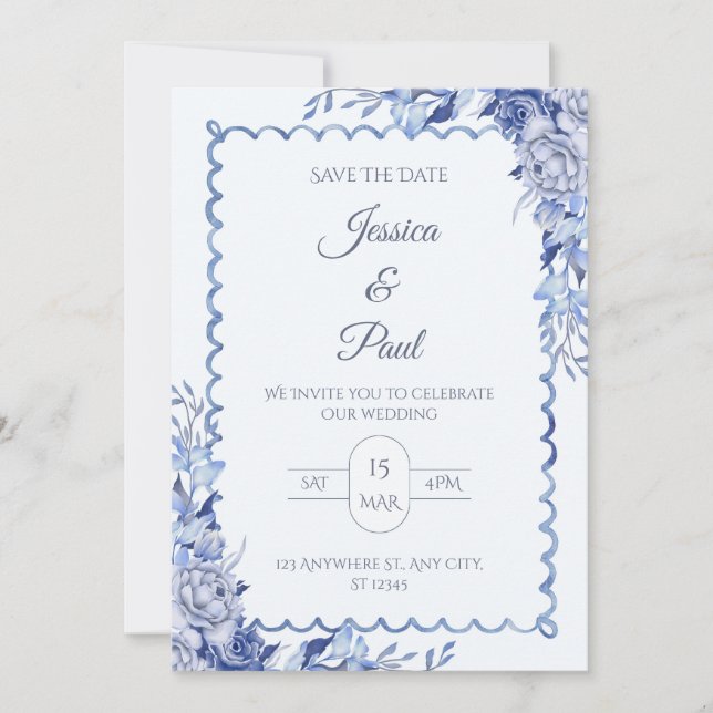 Elegant  Blue Floral Frame Wedding Invitation (Front)