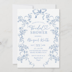 Elegant Blue Floral French Toile Bridal Shower Inv Invitation