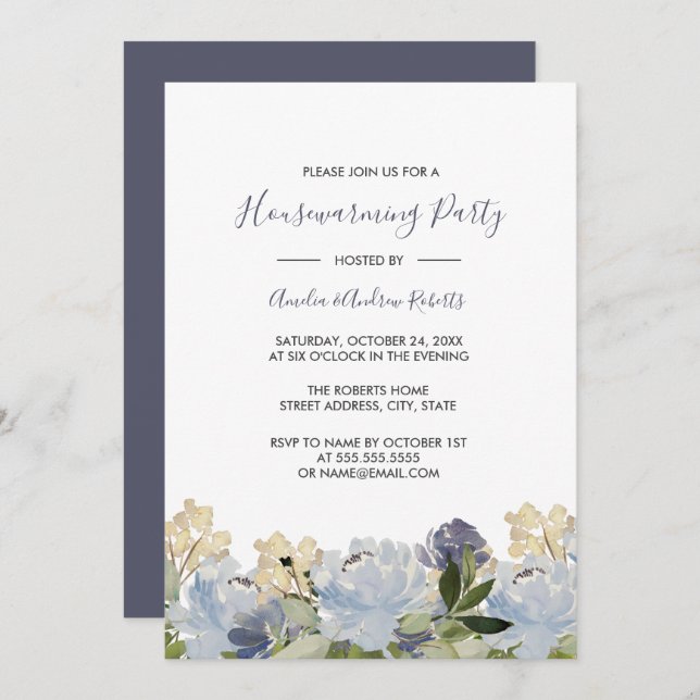 Elegant Blue Floral Garden Housewarming Invitation (Front/Back)