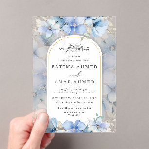 Elegant Blue Floral Garden Islamic Muslim Wedding Acrylic Invitations