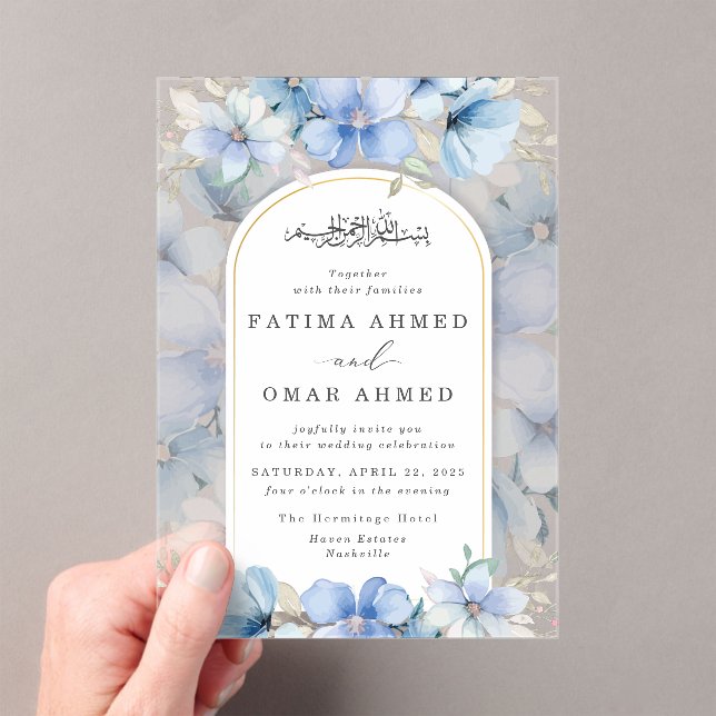 Elegant Blue Floral Garden Islamic Muslim Wedding Acrylic Invitations (Insitu (Handheld))