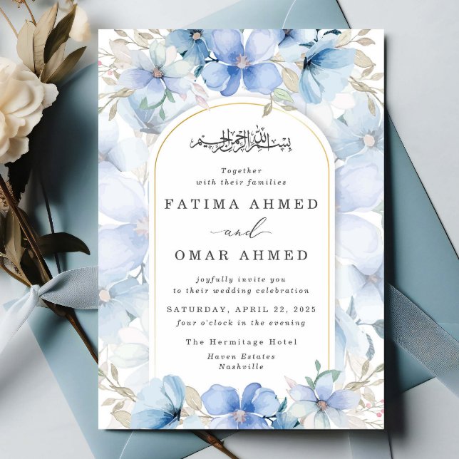 Elegant Blue Floral Garden Islamic Muslim Wedding Invitation (Creator Uploaded)