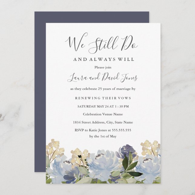 Elegant Blue Floral Garden Wedding Vow Renewal Invitation (Front/Back)