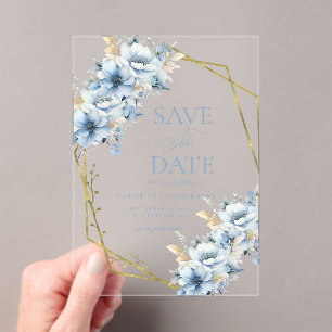 Elegant Blue Floral Geometric Frame Bloom Wedding Acrylic Invitations