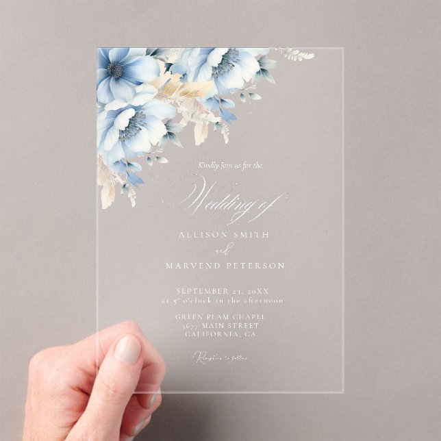 Elegant Blue Floral Geometric Frame Bloom Wedding Acrylic Invitations (Insitu (Handheld))