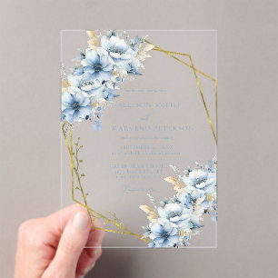 Elegant Blue Floral Geometric Frame Bloom Wedding Acrylic Invitations