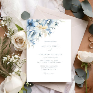 Elegant Blue Floral Geometric Frame Bloom Wedding Invitation