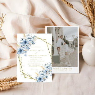 Elegant Blue Floral Geometric Frame Bloom Wedding Invitation