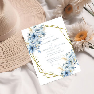 Elegant Blue Floral Geometric Frame Bloom Wedding Invitation