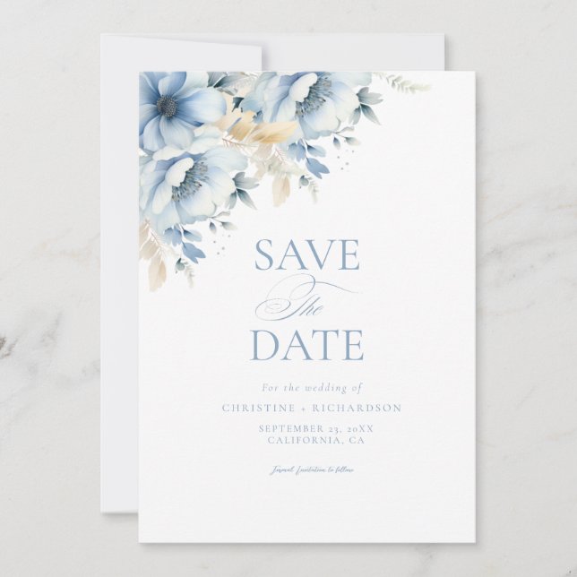 Elegant Blue Floral Geometric Frame Bloom Wedding Save The Date (Front)