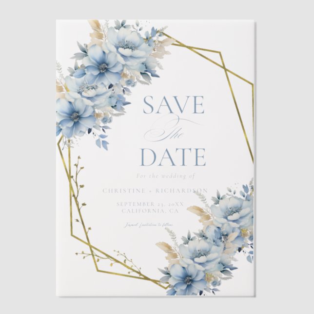 Elegant Blue Floral Geometric Frame Bloom Wedding Vellum Invitations (Front)
