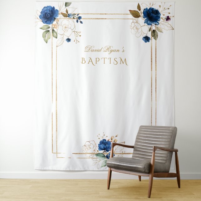 Elegant Blue Floral Gold Baptism Boy Photo Booth Tapestry (In Situ)