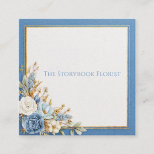 Elegant Blue Floral Gold Frame Rustic Watercolor Square Business Card