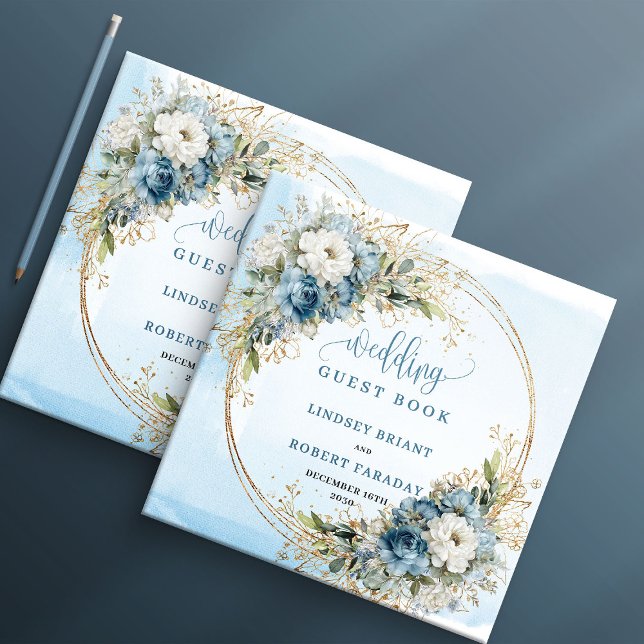 Elegant Blue Floral Gold Wedding Sign In Book (Elegant Blue Floral Gold Wedding Sign In Book)