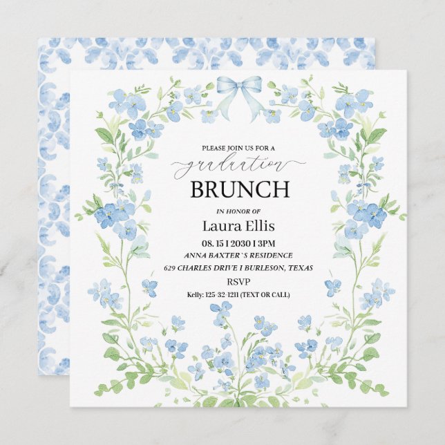 Elegant blue floral graduation brunch Invitation (Front/Back)