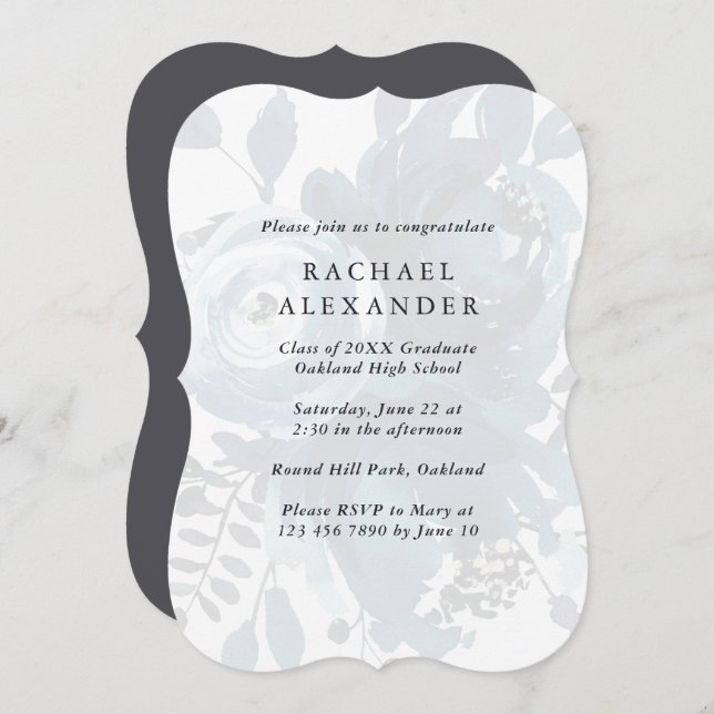 Elegant Blue Floral Graduation Party Invitation (Front/Back)