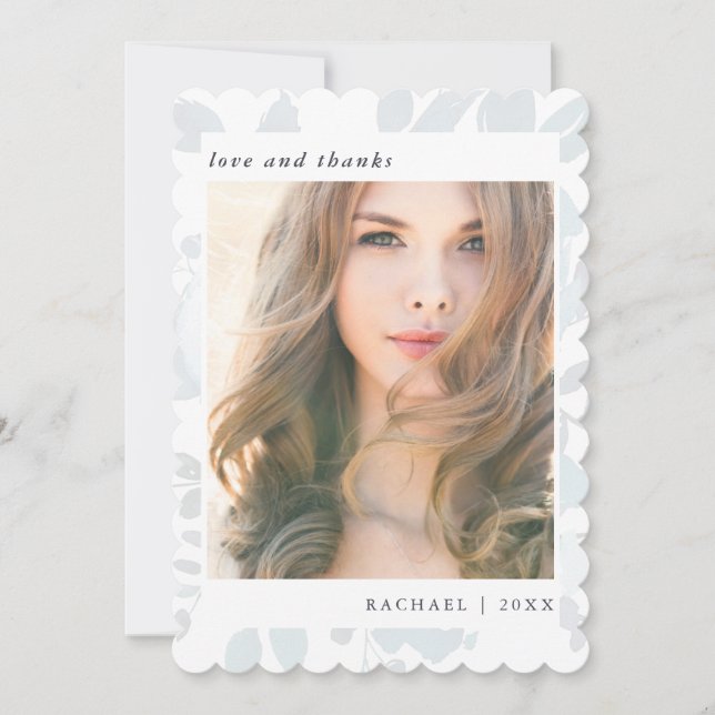 Elegant Blue Floral Graduation Photo Thank You Card (Front)