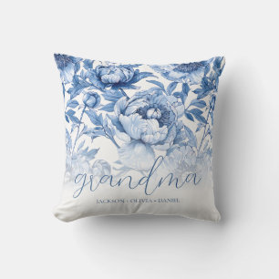 Elegant Blue Floral Grandchildren's Names Grandma Cushion