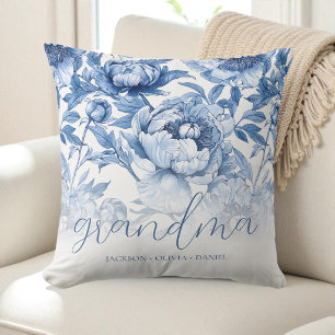 Elegant Blue Floral Grandchildren's Names Grandma Cushion