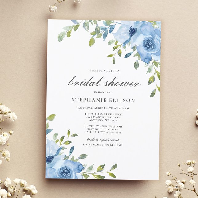 Elegant Blue Floral Greenery Bridal Shower Invitation (Creator Uploaded)