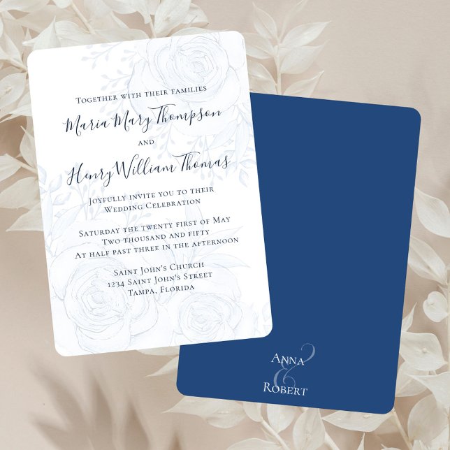 Elegant Blue Floral Greenery Calligraphy Script Invitation (Elegant blue floral classic wedding invitation with ampersand and names backside. )