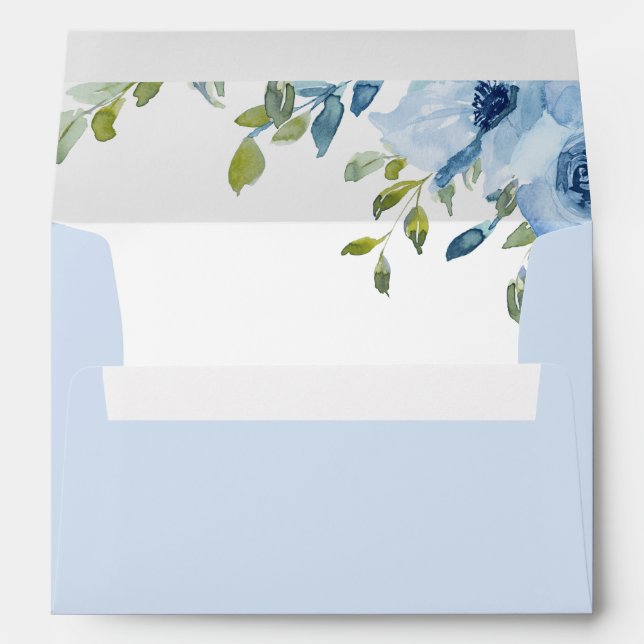 Elegant Blue Floral Greenery Return Address A7 Envelope (Back (Bottom))
