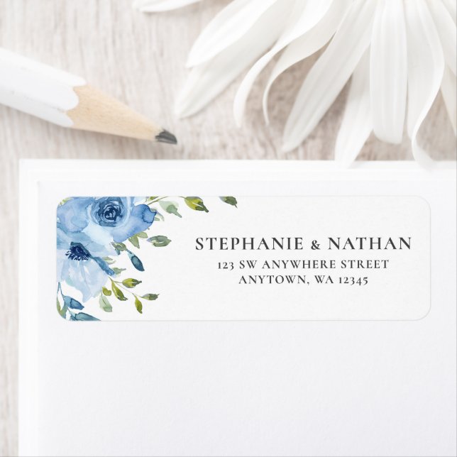 Elegant Blue Floral Greenery Return Address Label (Insitu)