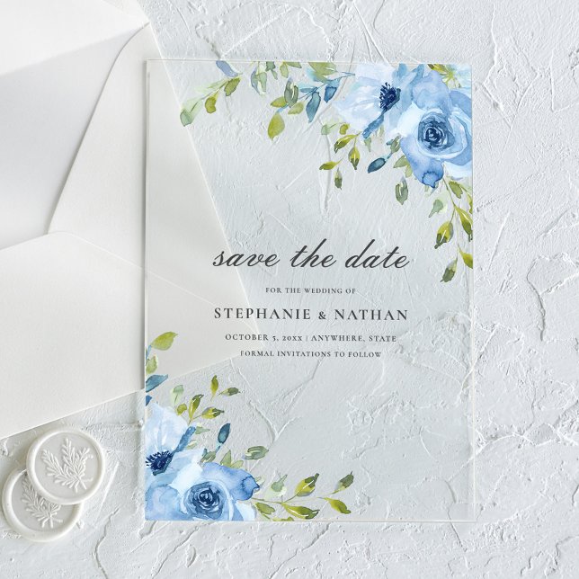Elegant Blue Floral Greenery Save The Date Acrylic Invitations (Creator Uploaded)