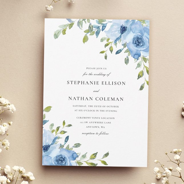 Elegant Blue Floral Greenery Wedding Invitation (Creator Uploaded)