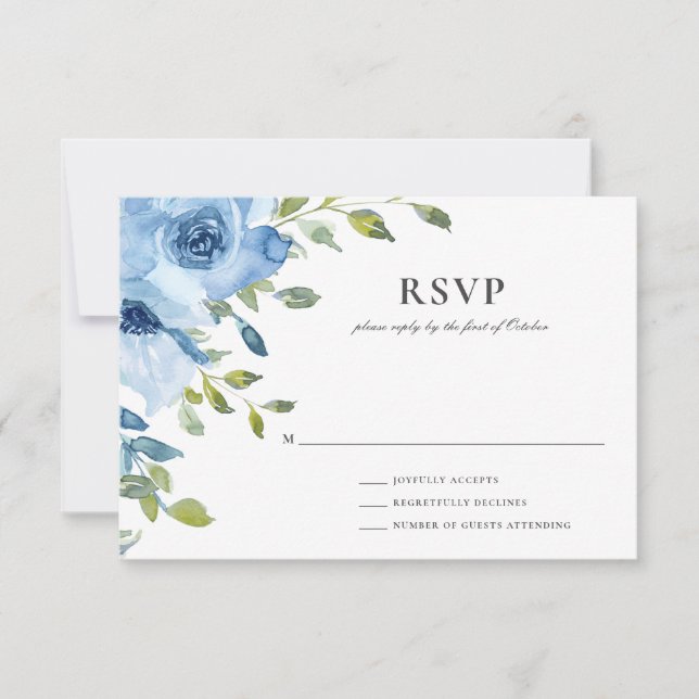 Elegant Blue Floral Greenery Wedding RSVP Card (Front)