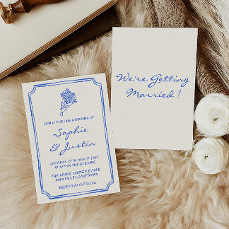 Elegant Blue Floral Handwritten Script Wedding Invitation