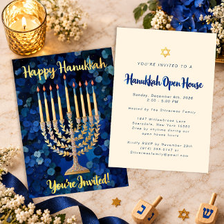 Elegant Blue Floral Hanukkah Open House Invitation