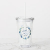 Elegant Blue Floral Happy Birthday