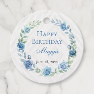 Elegant Blue Floral Happy Birthday Favour Tags
