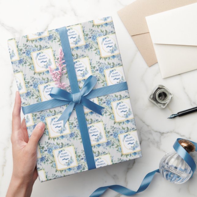 Elegant Blue Floral Happy Birthday Name  Wrapping Paper (Gifting)